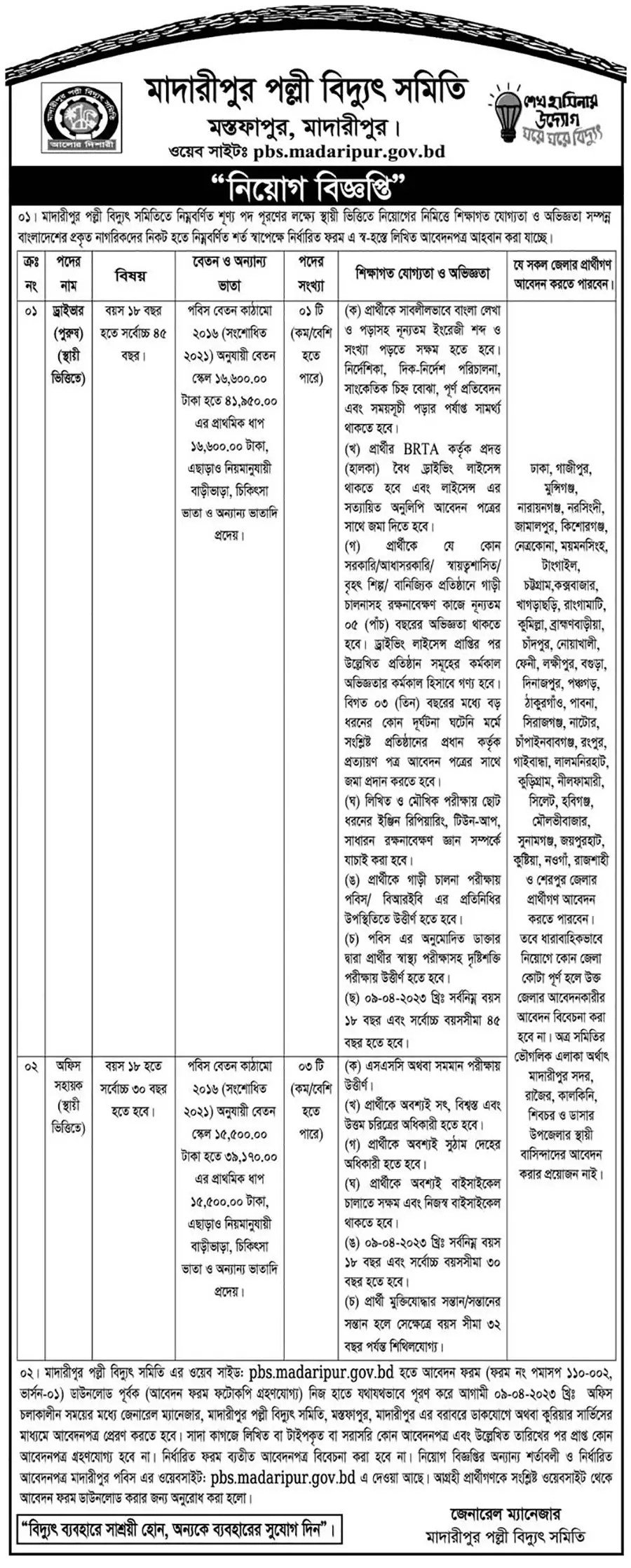 Madaripur Palli Bidyut Samity Job Circular 2023